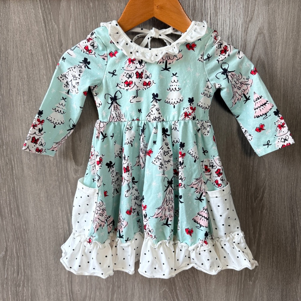 SweetHoney Christmas Tree Dress Girls 12M Mint Green Holiday Ruffle Bow Boutique